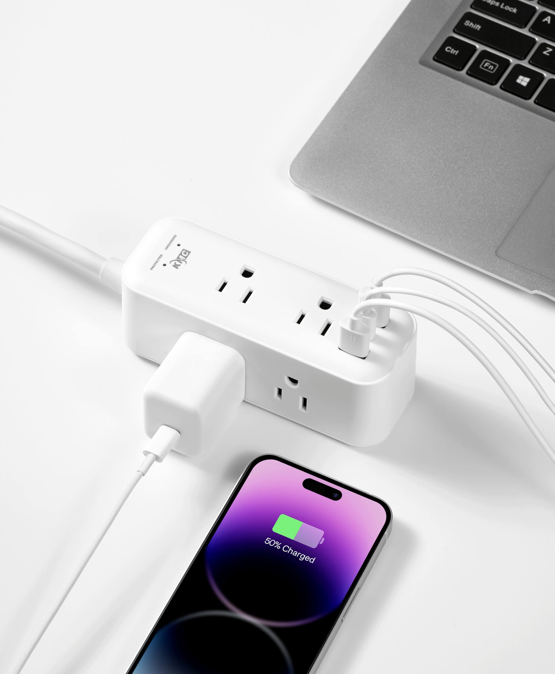 Best Surge Protector from KMC charging a laptop and iphone