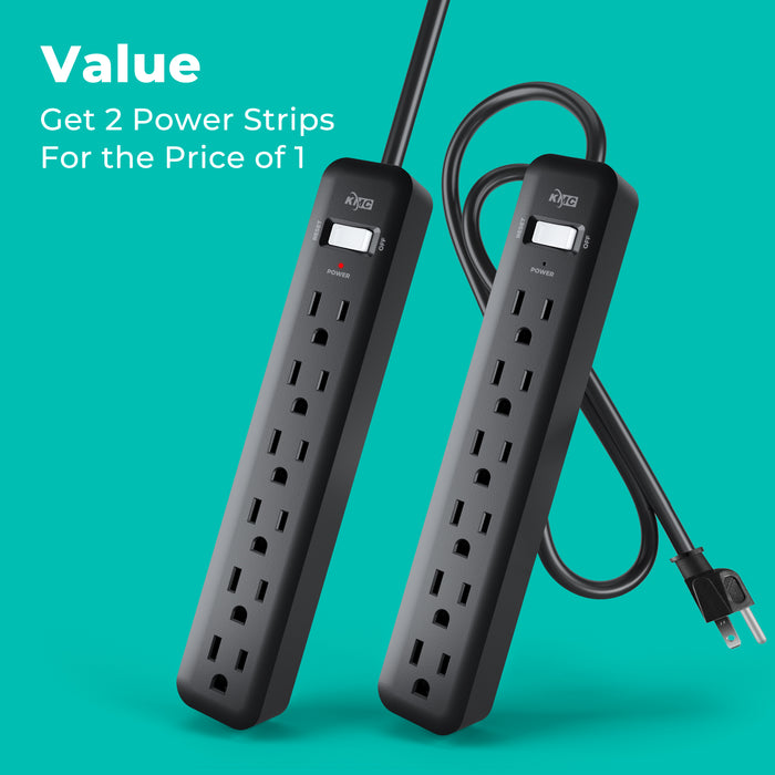 GE 6-Outlet Power Strip with 2' Cord Black / 2-Pack
